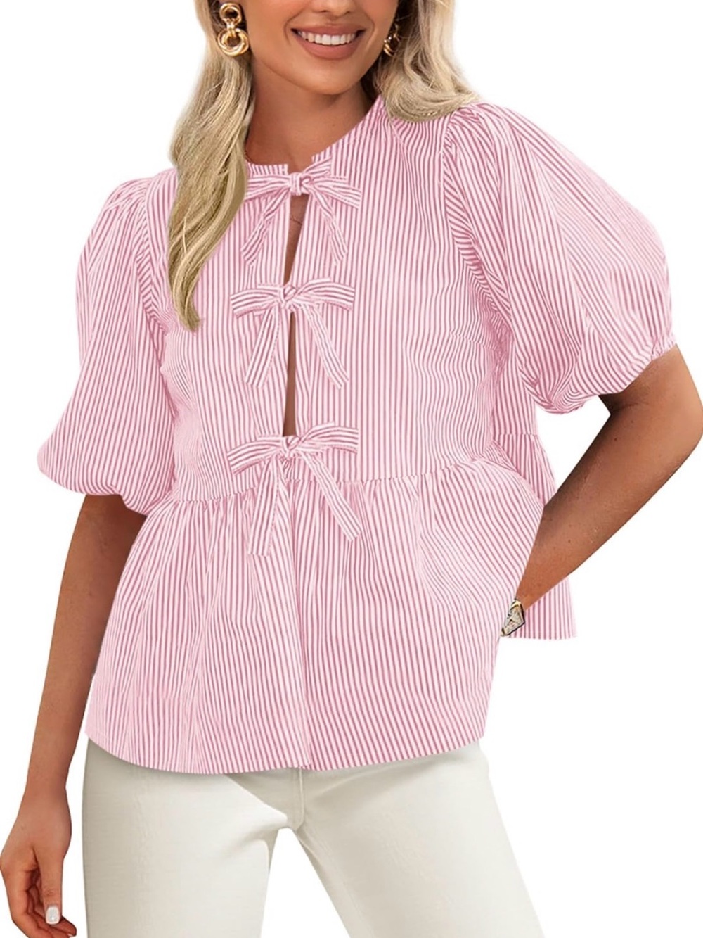 Pink Striped Bow-Tie Peplum Top - Women